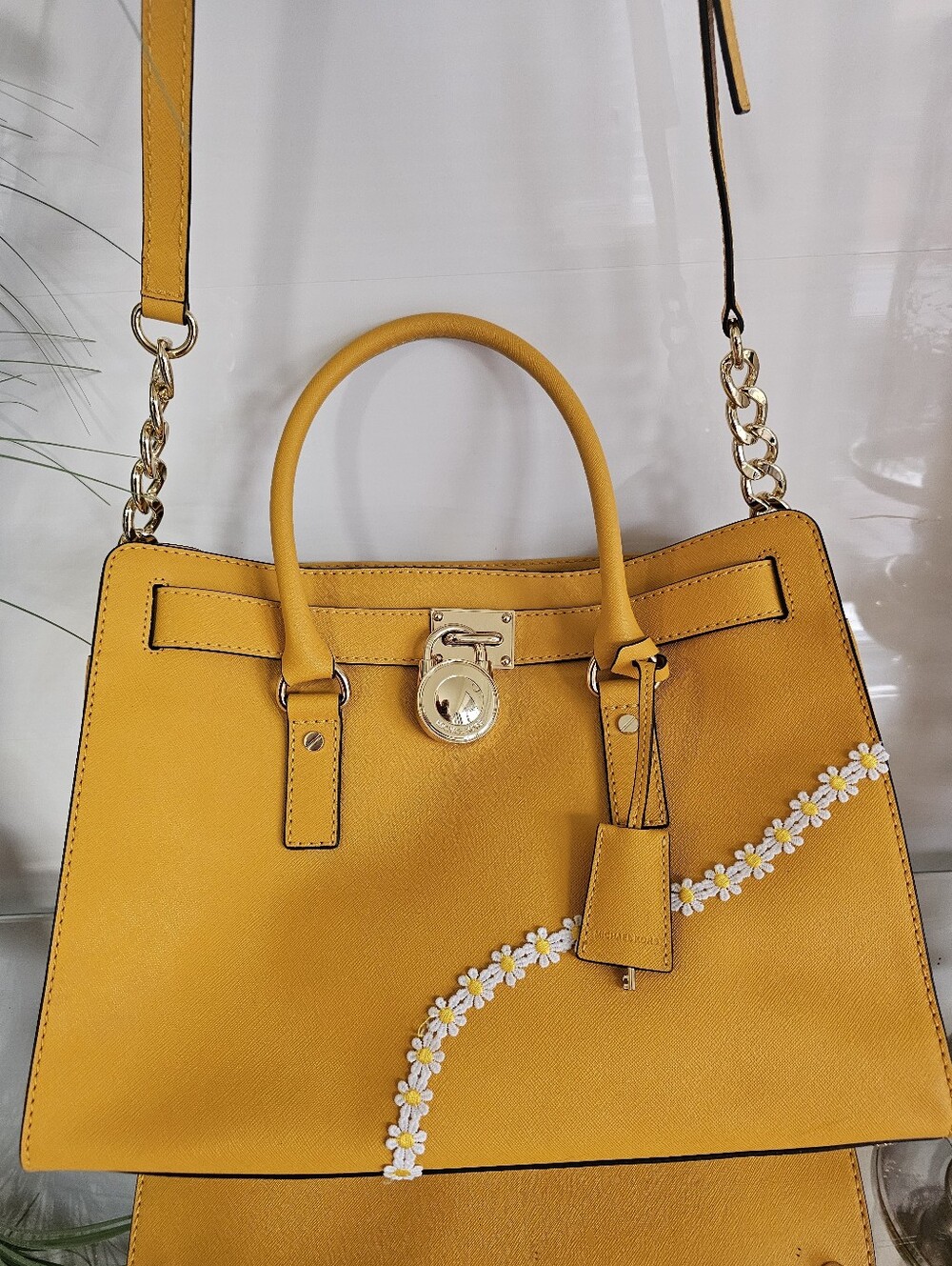 Michael Kors Yellow Leather Top-Handle Satchel with Daisy Accent